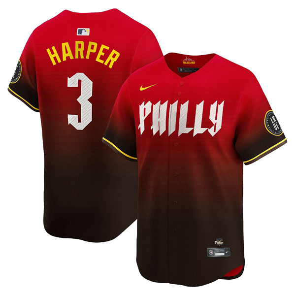 Men's Philadelphia Phillies #3 Bryce Harper Red 2024 City Connect Limited Stitched Jersey Men's Philadelphia Phillies #3 Bryce Harper Red 2024 City Connect Limited Stitched Jersey
